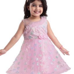 Babyhug Woven Sleeveless Fit & Flared Party Frock with Corsage Applique & Sequin Embroidery - Baby Pink-image-32