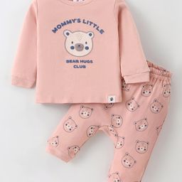 Ollypop Interlock Full Sleeves T-Shirt & Lounge Pants Set With Bear Print - Light Peach-image-22