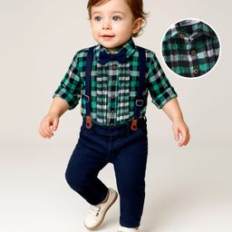 Babyoye 100% Cotton Woven Full Sleeves Checks Shirt & Trouser With Bow & Suspender - Green-image-10
