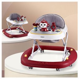 Babyhug 2 In 1 Multifunctional Baby Walker Cum Rocker With 3 Level Height Adjustment Musical Play Tray & Monkey Toy - Dark Red-27