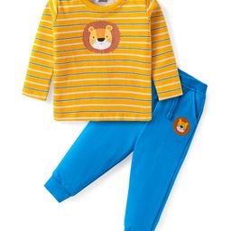 Babyhug Single Jersey Knit Full Sleeves Striped T-Shirt & Joggers Set with Animal Print - Yellow & Blue-image-81