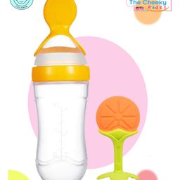 The Cheeky Kidzz Baby Fruit Shape Soft Sillicone Standing Teether With Squeeze Spoon Rice Cereal Bottle BPA Free (ORANGE)-7
