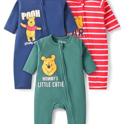 Babyhug Disney Interlock Knit Full Sleeves Rompers with Winnie the Pooh Graphics Pack of 3 - Red Green & Blue-image-35