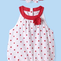 Babyhug Rayon Woven Sleeveless Top & Hairband With Polka Dots & Floral & Bow Applique - White & Red-image-16