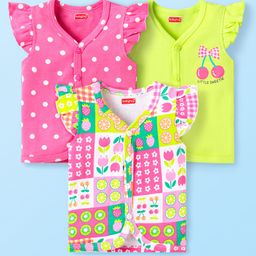 Babyhug 100% Cotton Knit Frill Sleeves Front Open Vest With Polka Dots & Tropical Print Pack Of 3 - Pink & Limegreen-image-88