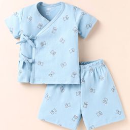Zero Interlock Knit Half Sleeves Shorts Night Suit With Teddy Bear Print - Light Blue-image-73