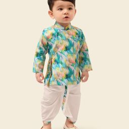 little desi Art Silk Full Sleeves Ethnic Motifs Printed Kurta Dhoti Set - Peacock-image-100