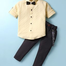 Rikidoos Full Sleeves Textured Shirt & Pant With Bow & Suspender Set - Lemon & Charcoal Grey-image-79