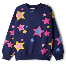Primo Gino 100% Cotton French Terry Knit Full Sleeves Pullover Sweatshirt with Star Print - Navy Blue-picture-2