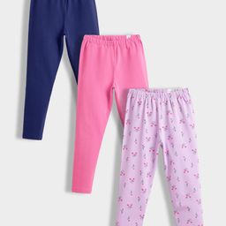 Orange Sugar Cotton Lycra Knit Pack Of 3 Solid & Tulips Printed Stretchable Leggings - Multi Colour-image-82