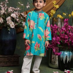 Saka Designs By Sapna Cotton Woven Full Sleeves Floral Printed Kurta Pyjama Set - Teal Blue-image-32