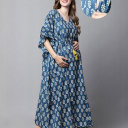 Secret Wish Rayon Woven Half Batwing Sleeves Floral Printed Maternity Kaftan Nighty With Side Zipper Nursing Access - Navy Blue-image-73