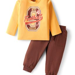 Doodle Poodle 100% Cotton Single Jersey Knit Full Sleeve T-Shirt & Joggers Set with Football Print - Yellow & Brown-picture-11