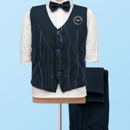 Rikidoos Full Sleeves Abstract Printed 3 Piece Party Suit With Bow Set - White & Navy Blue-picture-46