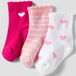 Cute Walk by Babyhug Knit Ankle Length Anti Bacterial Socks with Heart Design & Stripes Pack of 3 - Dark Pink White & Pink-picture-21