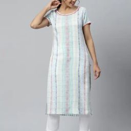 Aurelia White & Green Chequered Straight Kurta-image-3