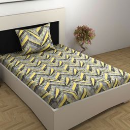 Divine Casa Yellow & Grey Floral 144 TC Single Bedsheet with 1 Pillow Covers-image-86