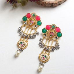 RHOSYN Gold-Plated Kundan Studded & Beaded Contemporary Drop Earrings-22