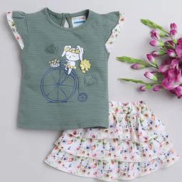 Bumzee Kids Sage Green & White Printed Top with Skirt-image-62
