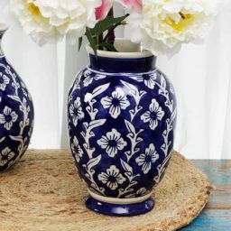Home4U Marlais Floral Blue & White Ceramic Small Vase-6