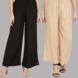 TWIN BIRDS Black & Beige Mid Rise Palazzos - Pack Of 2-image-129