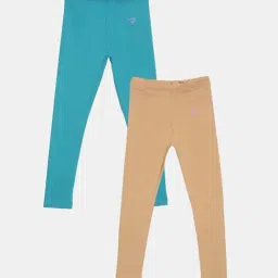 TWIN BIRDS Kids Teal Blue & Beige Cotton Regular Fit Leggings (Pack of 2)-picture-24