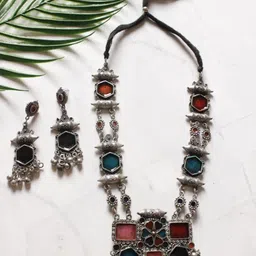 A Local Tribe Multi-Color Enamel Painted Oxidised Finish Elaborate Long Necklace Set-image-23
