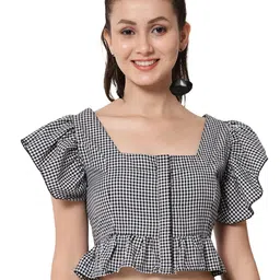 ANGOORI FASHION Checked Flared Sleeve Ruffles Cotton Tank Crop Top-image-39