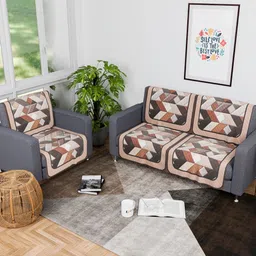 Myntra Elegant Homes Cream-Coloured & Brown 6 Pieces Printed Velvet 2+1 Seater Sofa Covers-10