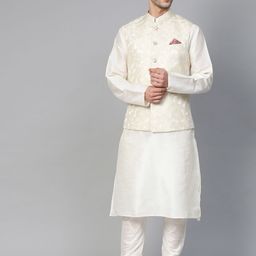 MANQ Men Cream-Coloured Woven Design Nehru Jacket image 5