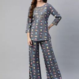 Cottinfab Dark Grey Viscose Rayon Embellished Co-Ord Set-picture-6