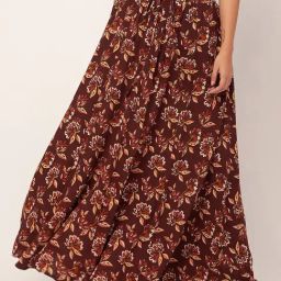 Moomaya Dark Brown Floral Print Skirt-image-51