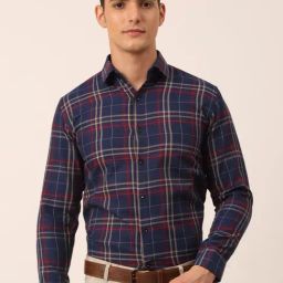 Jainish Dark Blue Cotton Regular Fit Checks Shirt-image-28