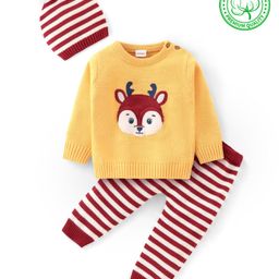 Babyhug Organic Cotton Full Sleeves Striped Sweater Set Reindeer Embroidery- Yellow & Red-image-62