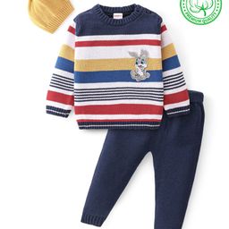 Babyhug Knitted Full Sleeves Striped & Bunny Patch Sweater Set with Cap - Multicolour-image-11