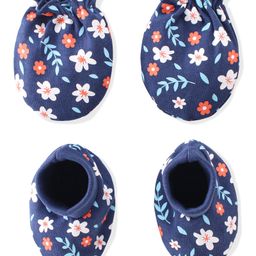Babyhug 100% Cotton Knit Mittens & Booties Set Floral Print- Blue-image-65