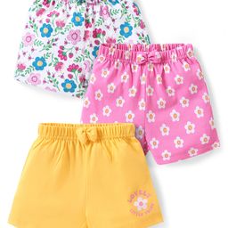 Babyhug Cotton Knit Shorts with Floral Print Bow Applique  Pack of 3 - Multicolour-image-92