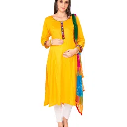 Mom for sure by Ketki Dalal Three Fourth Sleeves Placket Mirror Work Embellished Anarkali Maternity Kurta With Chiffon Bandhni Dupatta and concelead Zipper Access - Yellow-picture-28