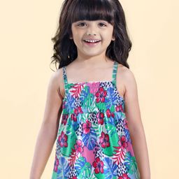 Babyhug Cotton Knit  Sleeveless Top with Smocking & Floral Print - White-image-71