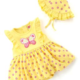 Babyhug 100% Cotton Knit Sleeveless Floral Printed Frock Style Onesie with Cap & Butterfly Patch - Yellow-image-52