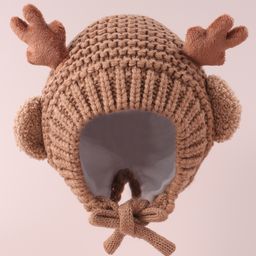 Babyhug Cable Knitted Woollen Cap with Knot & Reindeer Applique - Khaki-picture-3
