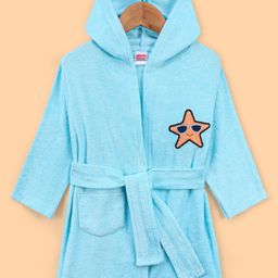 Babyhug  Cotton Terry Knit Full Sleeves Hooded Bath Robe with Pocket Star Fish Embroidery - Blue-image-80
