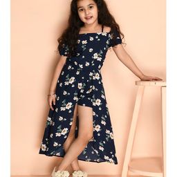 Kids Cave Cold Shoulder Floral Printed Mock Flared Jumpsuit - Blue-image-84