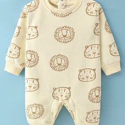 Little Kangaroos Cotton Knit Full Sleeves Romper with Lion & Tiger Print - Beige-image-15