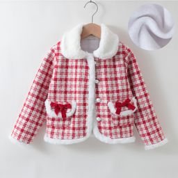 Kookie Kids Full Sleeves Collared Neck Winter Jacket With Checks Design & Bow Applique - Red-image-30