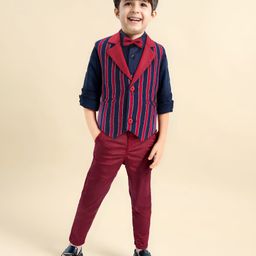 Babyhug Woven Full Sleeves Striped 3 Piece Party Suit With Bow - Red & Navy Blue-image-82