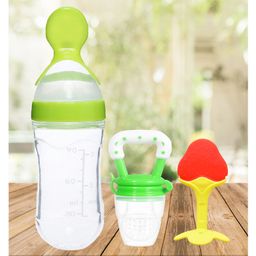 The Cheeky Kidzz Baby Silicone Fruit Shape And Fruit Nibbler Soother Teether With Squeeze Spoon Bottle (GREEN)-16