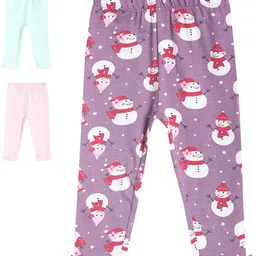 MINI KLUB Cotton Pack Of 3 Solid & Snowman Printed Leggings - Multi Colour-picture-27