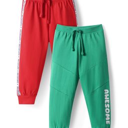 Babyhug Single Jersey Knit Cut & Sew Lounge Pants With Awesome & Superstar Text Print Pack Of 2 - Green & Red-image-91