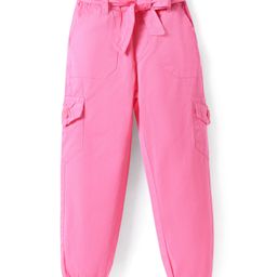 Olio Kids Cotton Woven Full Length Solid Colour Trousers- Pink-image-88
